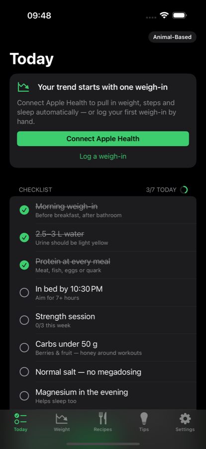 MeatStreak's Today screen: a daily checklist with a growing streak