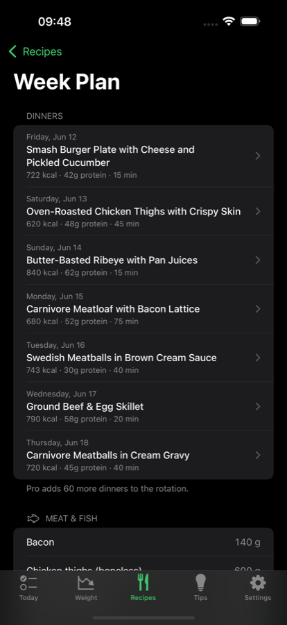 A generated week plan with seven dinners and a store-grouped shopping list